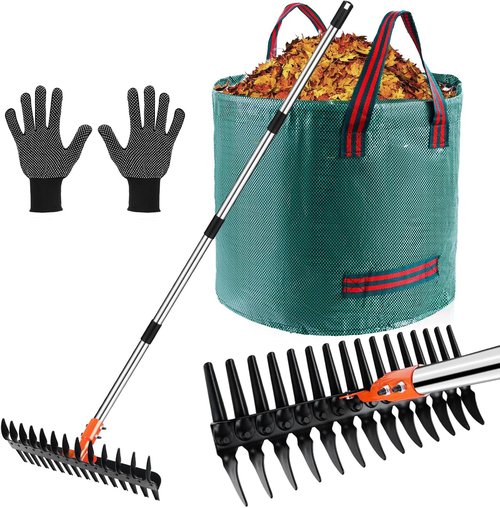 Tolia Thatch Rake for Lawns, 15-Inch Lawn Dethatcher Rake with Gloves & Reusable Yard Waste Bag, Heavy Duty Garden Rakes, Efficient Metal Yard Rake for Removing Dead Grass & Clippings, Loosening Soil