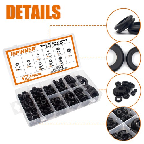 ISPINNER 190pcs Rubber Grommet Assortment Kit, 9 Sizes Eyelet Ring Gasket 1/4" 5/16" 3/8" 7/16" 1/2" 5/8" 3/4" 7/8" 1" (Black)