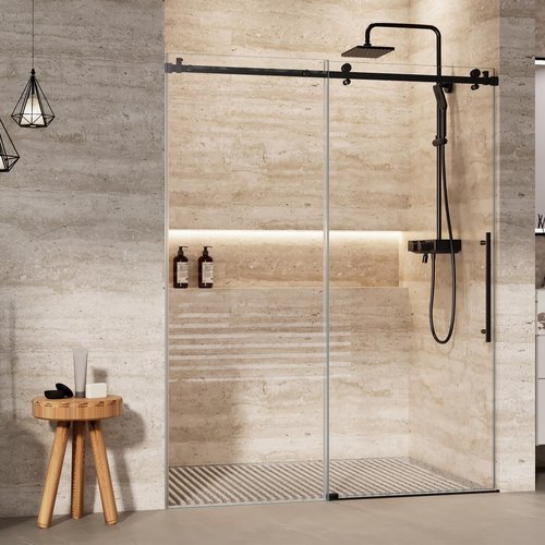 Shower Glass Door with Waterroof Seal Strip (56-60" W x 75 "H), Frameless Shower Sliding Door with Clear SGCC Tempered Glass 5/16" (8mm), Stainless Steel Hardware, Black