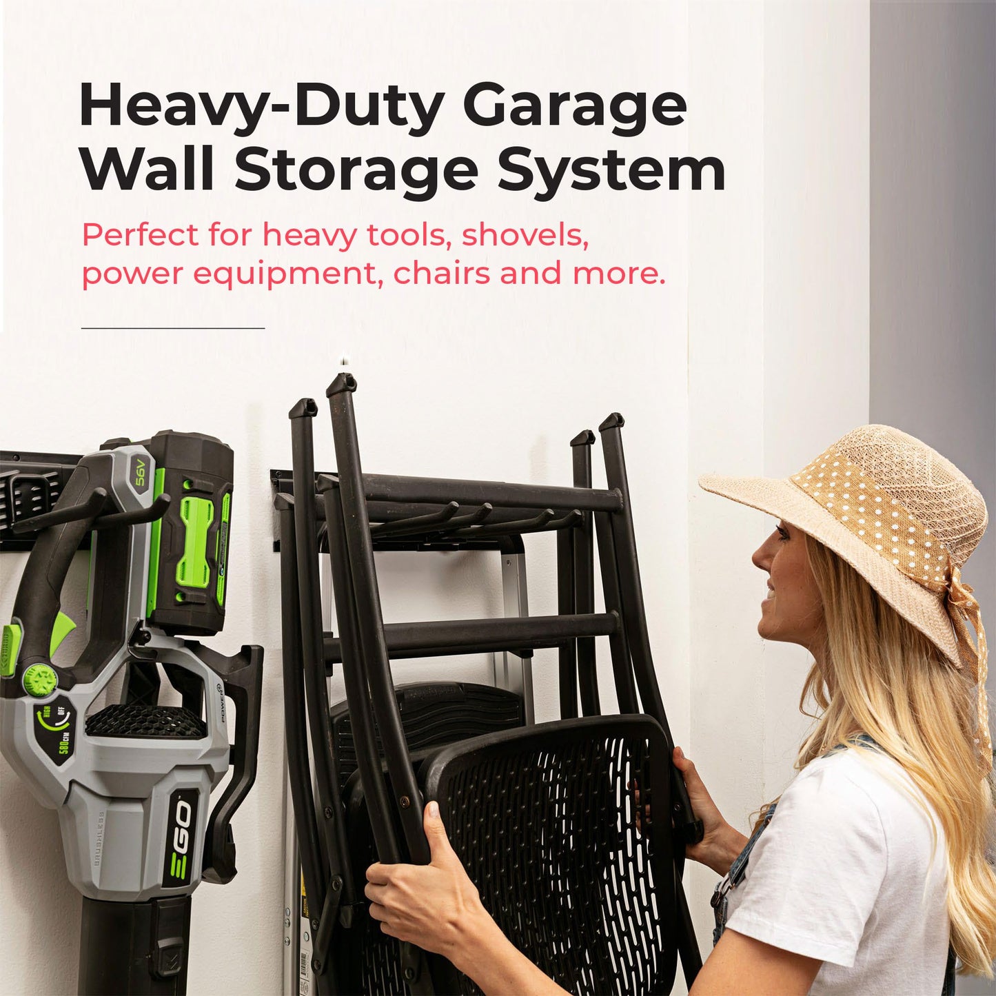 TIDYME Garage Tool Organizer Wall Mount | 48-Inch Garage Wall Organizer & Folding Chair Rack | Heavy-Duty Tool Hanger System | 9-Piece Kit with 3 Steel Rails & 6 Adjustable Hooks | 300 lbs Capacity
