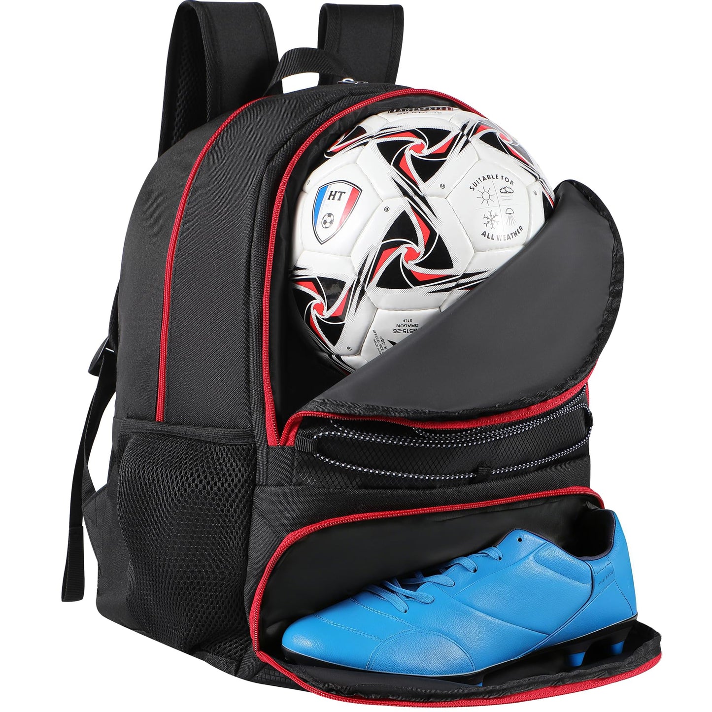 Soccer Ball Bag Backpack for Men Women with Ball & Shoes Compartment 32L Capacity Lightweight Breathable Boys Girls Basketball Bag Backpack Fit Volleyball Football Sports Travel School Gym Red Edge