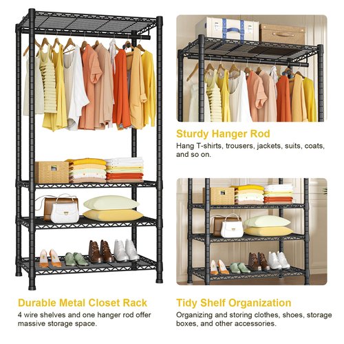Ulif H2 Heavy Duty Clothes Rack, Freestanding 4 Tiers Garment Rack for Hanging Clothes with Shelves and Hangers, Closet Organizers and Storage Metal Closet Wardrobe System, Max Load 500 LBS, Black