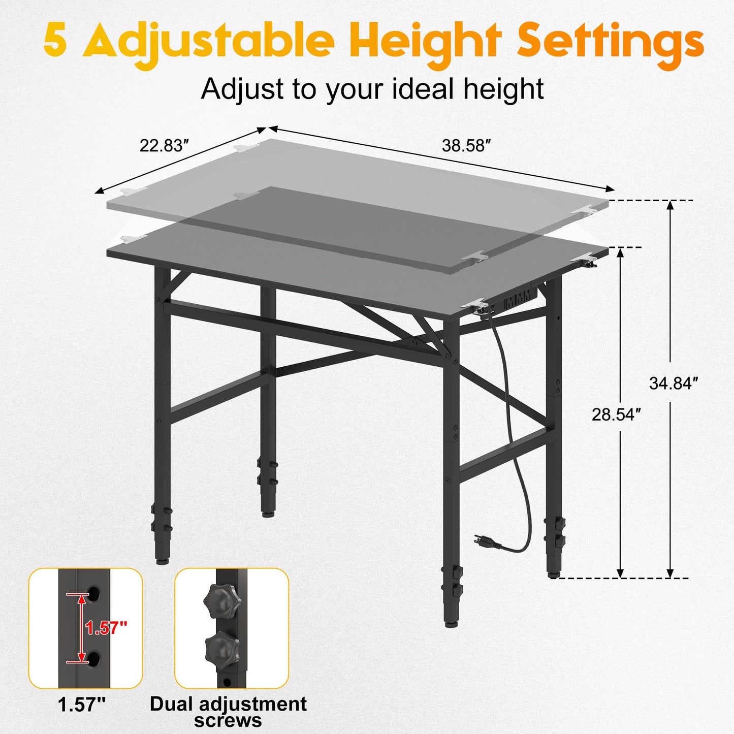 Small Workbench, 1000 Lbs Metal Work Benches for Garage, 38.58" Adjustable Work Table with Power Strip Sewing Table Workshop Home DIY