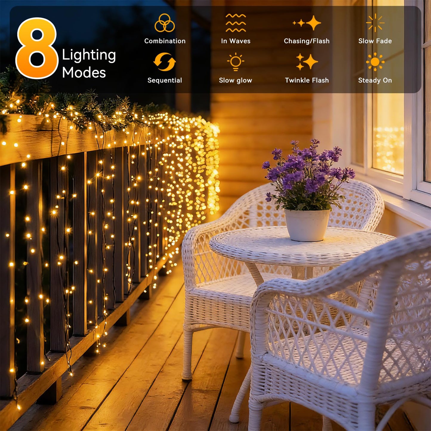 Solar String Lights Outdoor Waterproof 2 Pack Total 66ft 200LED 8 Modes Twinkle Lights Solar Fairy Lights for Patio, Garden Yard Party Wedding Tree Christmas Halloween Decoration, Warm White