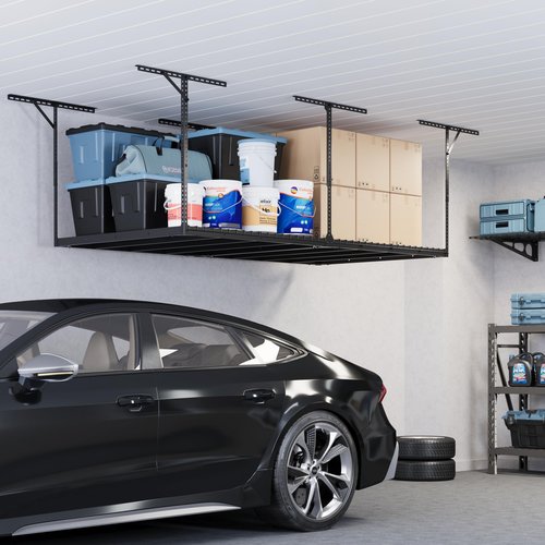 FLEXIMOUNTS Max 4x8 Overhead Garage Storage Rack, 1000 lbs Weight Capacity, Heavy-Duty Metal Ceiling Racks, Adjustable Organization System, Black