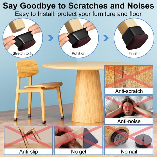16 Pcs Chair Leg Floor Protectors for Hardwood Floors - Square Silicone Covers with Felt Pads, Protect Floors, Reduce Noise (Black, Fit: 3/4" to 1")