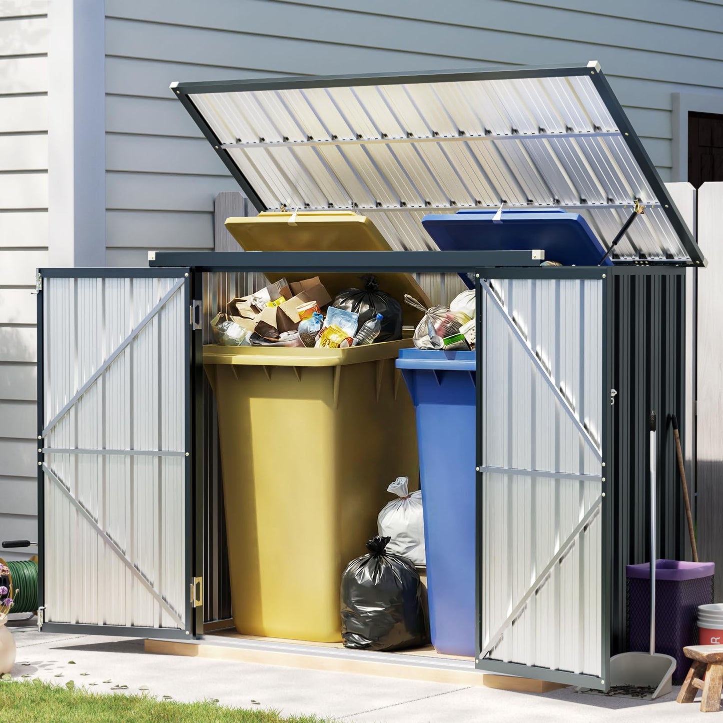 Grovellis Outdoor Trash Can Storage Shed 6x3 FT, Metal Garbage Bin Enclosure with Lift-Up Lid & Gas Strut, Lockable Double Doors, Sloped Roof Waterproof Steel Trash Can Cover for Backyard Patio Garden