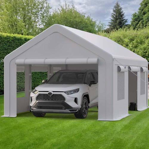 GarveeLife Heavy Duty Carport, Portable Garage with 4 Doors & 4 Window，Upgraded Carport with Reinforced Steel Poles, Uv Resistant All-Season Waterproof Tarp, for Car, Truck, Boat