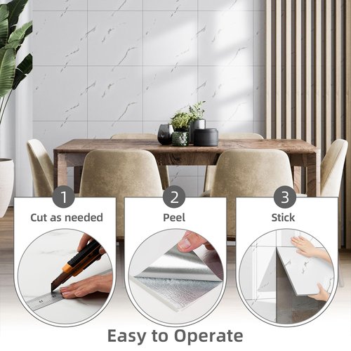 Vieshful 20pcs Peel and Stick Backsplash Tile，12"x12" Self Adhesive Marble Tile for Wall, PVC Waterproof Shower Wall Panels, Back Splash Stick on Tiles for Kitchen Bathroom Living Room White