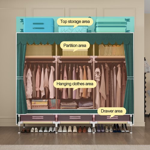 LEAIJIAFY Portable Wardrobe Closet, Durable Closet with Cover for The Armoires Organization, Metal Frame with Green Non-Woven Fabric,Portable Closet with Cover; 3 Drawers