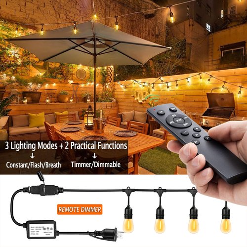 1-Pack 150 ft Outdoor String Lights for Outside with Remote Patio Lights Weatherproof, 45+3 Spare S14 Shatterproof Warm 2200K Bulbs, Linkable