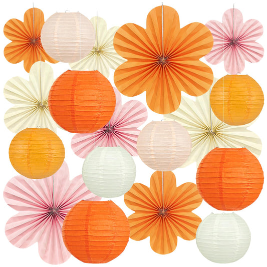18 Pcs Autumn Pink and Orange Party Decorations Set, Hanging Paper Lanterns Paper Flowers Fans for Girls Women Wall Baby Shower One Sweet Peach Birthday Thanksgiving Bachelorette Sunset Party Decor