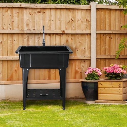 ROVSUN 20-Gallon Black Plastic Utility Sink with Hot & Cold Faucet, 150lbs Load Capacity, Upgraded Height & Version, Use for Laundry Room, Garage, Garden, Basement, 32.3’’L×22.4’’W×36.2’’H