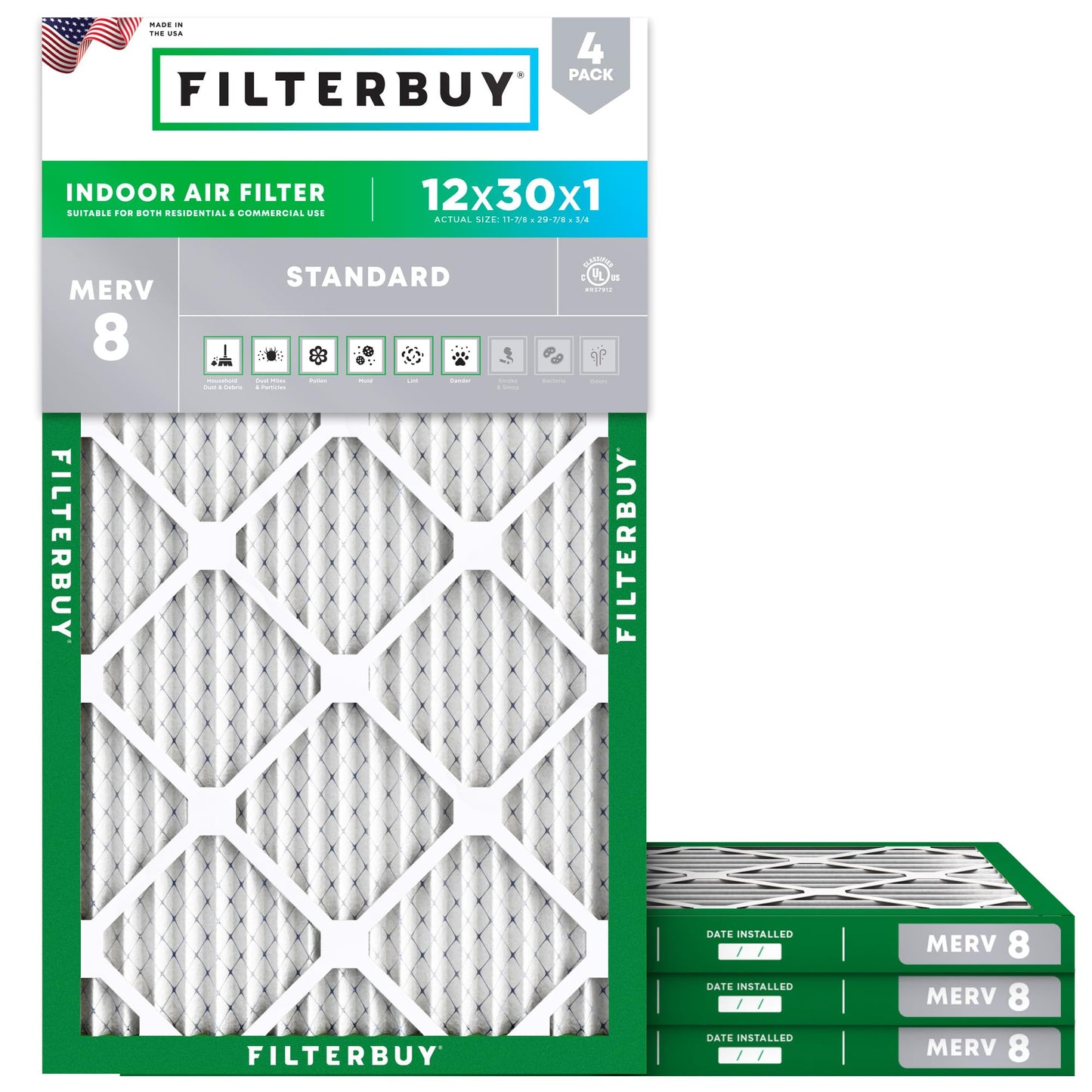 Filterbuy 12x30x1 Air Filter MERV 8 Essential Dust & Allergy Defense (4-Pack), Electrostatic Pleated HVAC AC Furnace Filters Replacement, Made in USA (Actual Size: 11.88 x 29.88 x 0.75)
