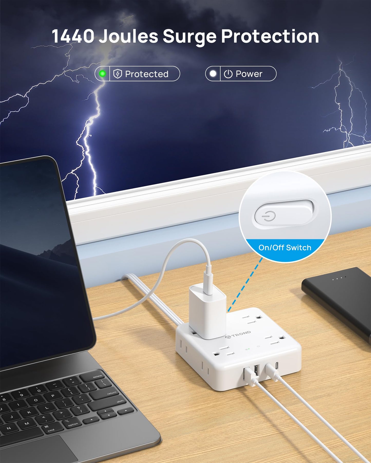 TROND 360° Rotating Plug Power Strip, 5FT Flat Extension Cord with Multiple Outlets 4 USB (2 USB C), Wall Mount Surge Protector 1440 Joules for Home Office Travel Dorm Room Essentials, White