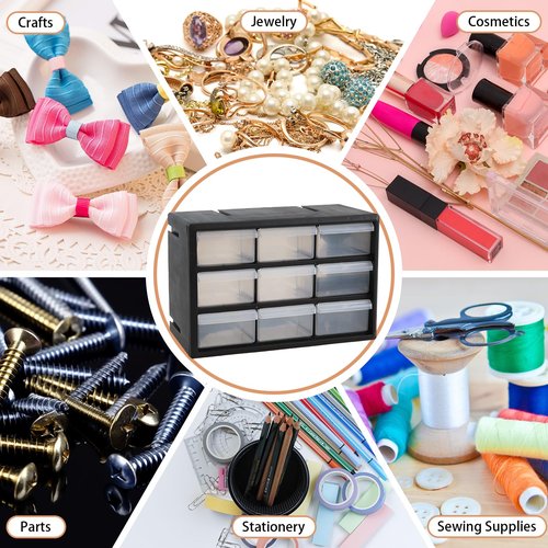 Obstnny 9 Drawer Plastic Parts Storage Hardware and Craft Cabinet, Drawer Parts Organizer, Black
