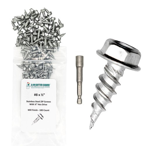 A-M Gutter Guard - 1/2" #8 Stainless Steel Zip Screws - Self-Piercing Easy Start Tip - Mill Finish - 1/4" Hex Washer Head - Pack of 100 - Includes 1/4" Magnetic Hex Driver – for Gutter Install
