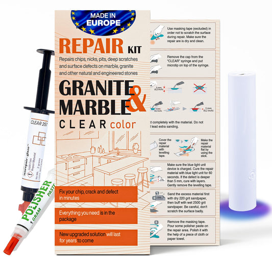 Marble, Granite & Quartz Countertop Repair Kit (Clear) - Fix Your Defects Like a Pro I Suitable for Most Repairs I Fix Broken Chips in Minutes