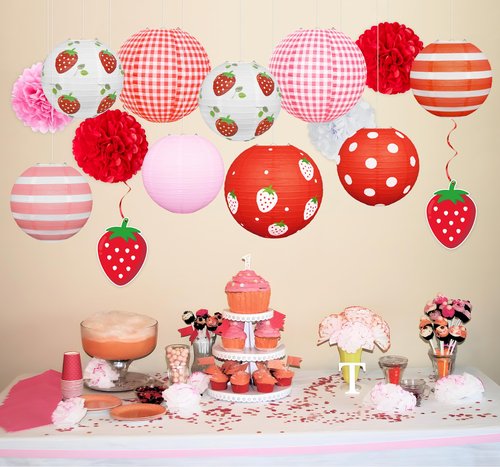 15Pcs Strawberry Paper Lanterns Decor Hanging Decorations for Berry first Birthday Party Supplies