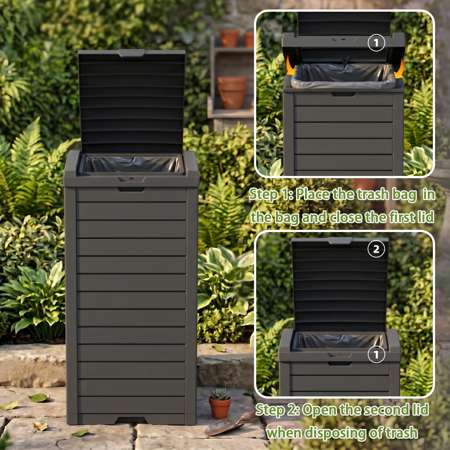 PatioZen 31 Gallon Outdoor Trash Can, Waterproof Trash Can Cabinet for Outside, Resin Garbage Bin with Lid and Drip Tray for Easy Cleaning for Patios, Kitchens, and Outdoor Entertaining（Black）