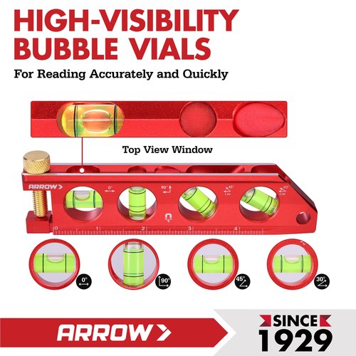 ARROW 6.3-Inch Torpedo Level, Magnetic Leveler with 0°/30°/45°/90° Bubbles, Top-view Windows, Aluminium Alloy Frame, Dual Metric and SAE Scales
