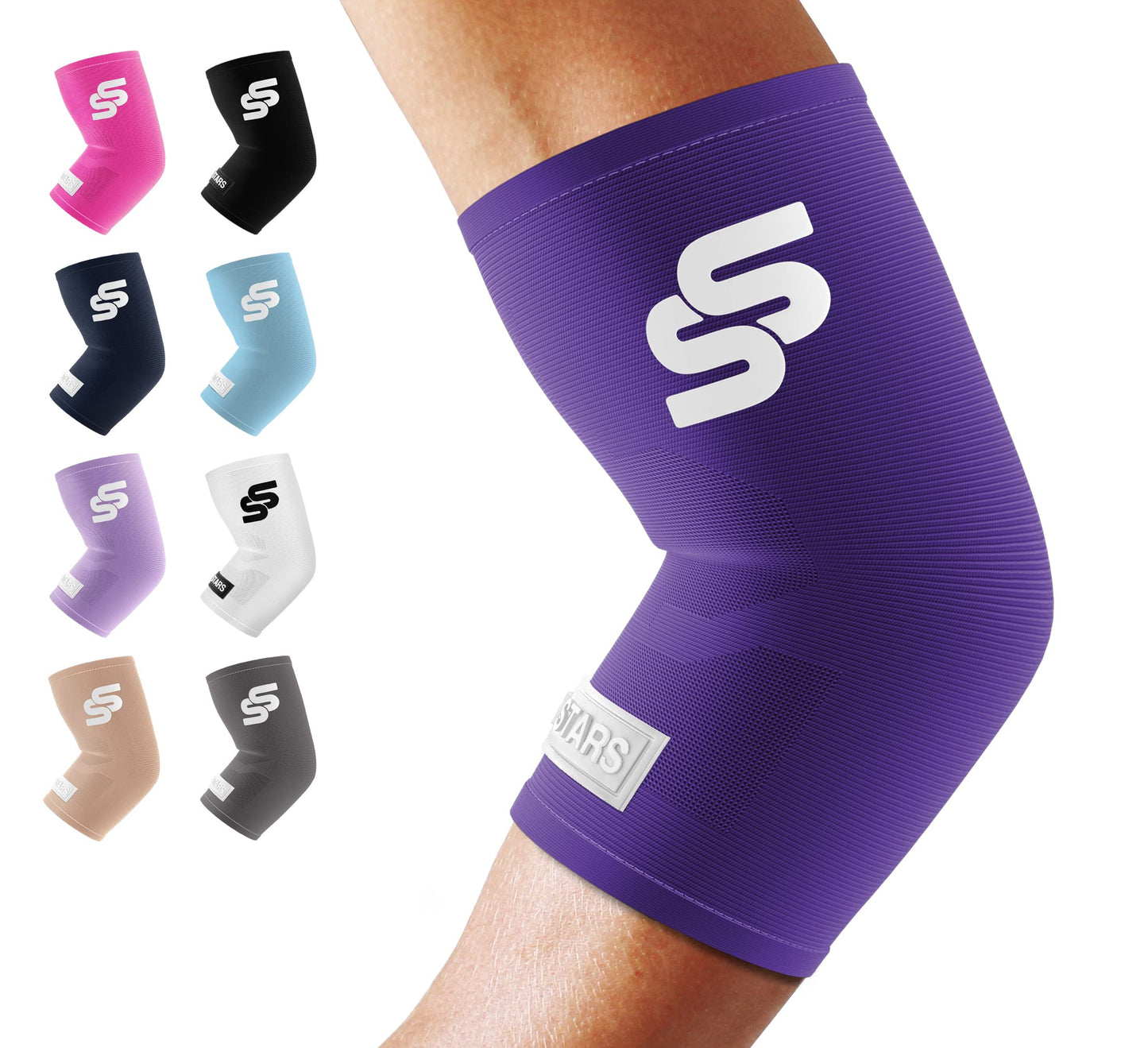 Sleeve Stars Elbow Sleeve for Pain Relief & Protection - Elbow Compression Sleeve for Women & Men - Supportive Elbow Brace for Tendonitis, Recovery & Ideal for Sports, Work (S: 7"-8.5", Dark Purple)