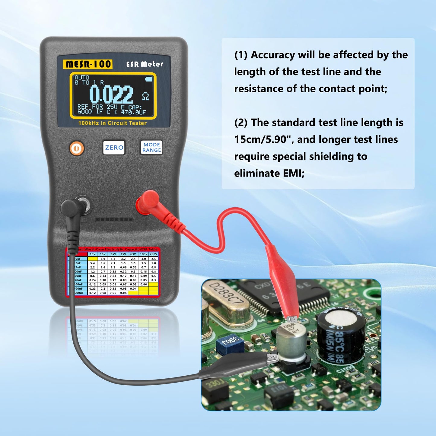 Wisamic MESR-100 V2 Automatic Range Switching, ESR Meter Capacitor Tester, Low Ohm Meter Up to 0.01 to 100R, Alligator Clip and SMD Test Clip Supporting Capacitance Meter Measurement in The Line