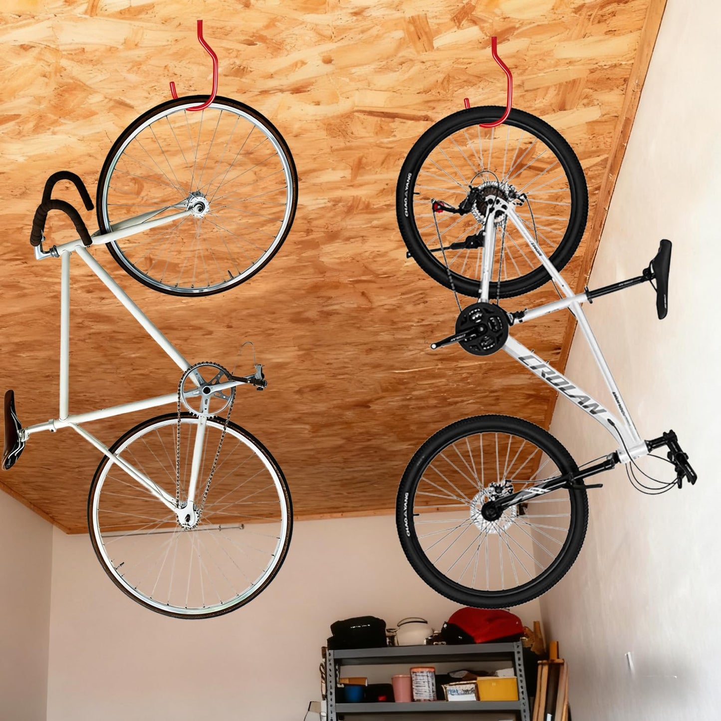 BJUTYEU Heavy Duty Bike Storage Hooks for Garage, Wall and Ceiling Mount Bicycle Hangers, Large Screw-in Utility Hooks for Bikes, Cords, Garden Tools, and More (Red, 7 pcs)