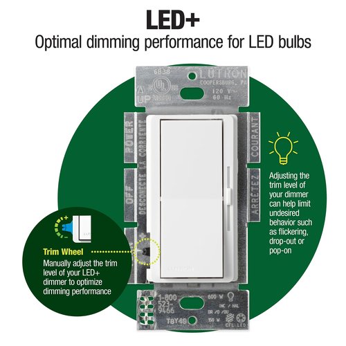 Lutron Diva LED+ Dimmer Light Switch for Dimmable LED, Halogen, and Incandescent Bulbs, 150 Watt, Single-Pole or 3-Way, DVCL-153P-WH, White