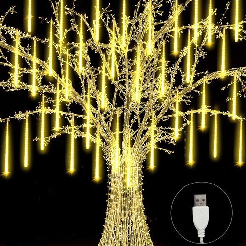 Christmas Meteor Shower Lights, USB Powered 12 Inch 8 Tubes Outdoor Falling Rain Drop Snowfall Icicle Light for Xmas Holiday Tree Garden Decor