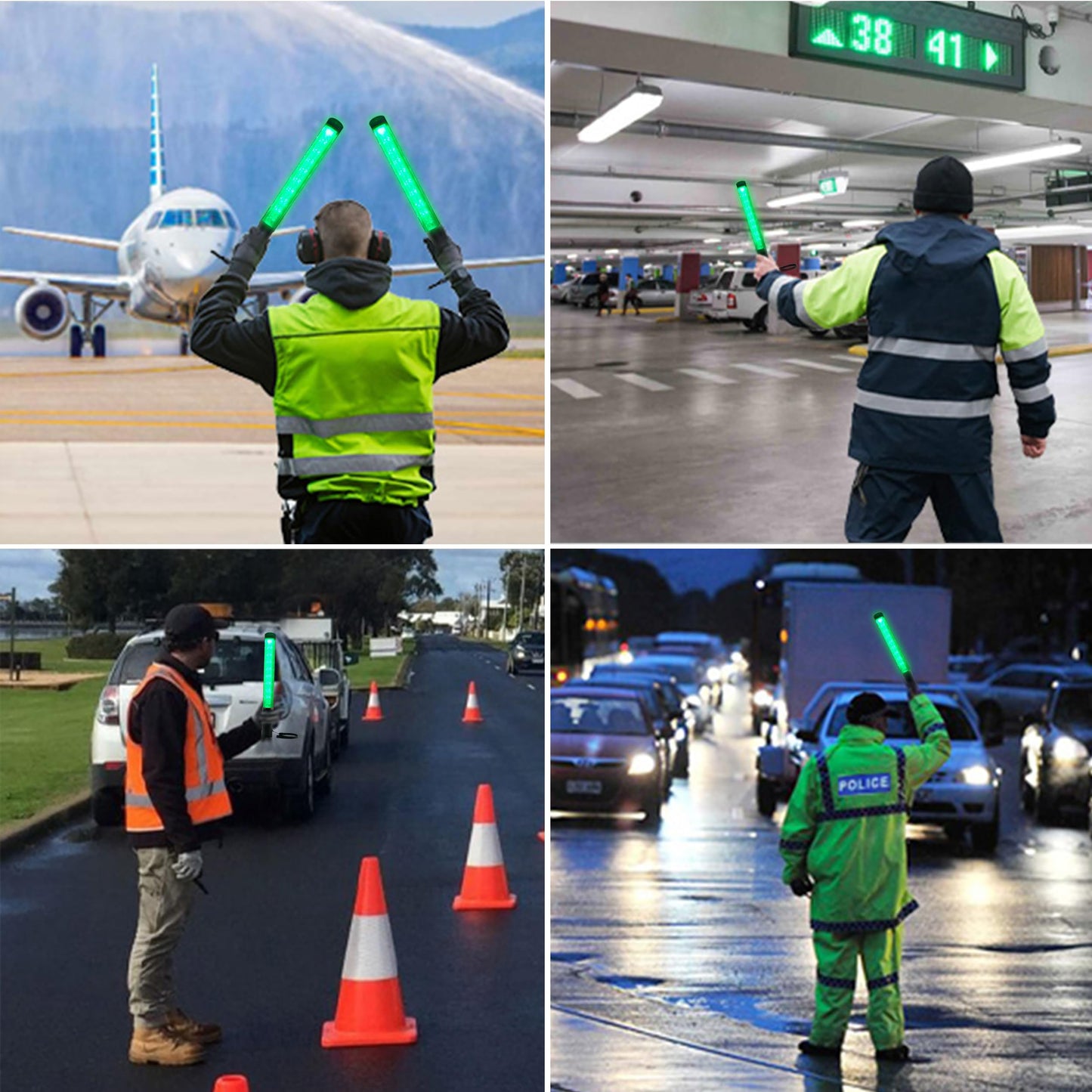 ELLUMIN 2 Pack Traffic Wand, 14-inch Green Traffic Control Baton with 3 Flashing Modes, Night Safety Signal LED Wand with White LED on Top for Airport Marshaling, Parking, Car Directing.（Green, 2pack