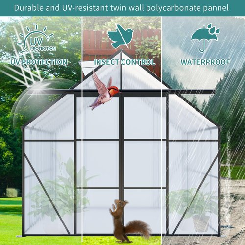 8x8 FT Outdoor Greenhouse, Heavy Duty Polycarbonate Green House with Raised Base and Double Sliding Doors, Aluminum Walk-in Greenhouses with Adjustable Roof for Outdoor Backyard, Black