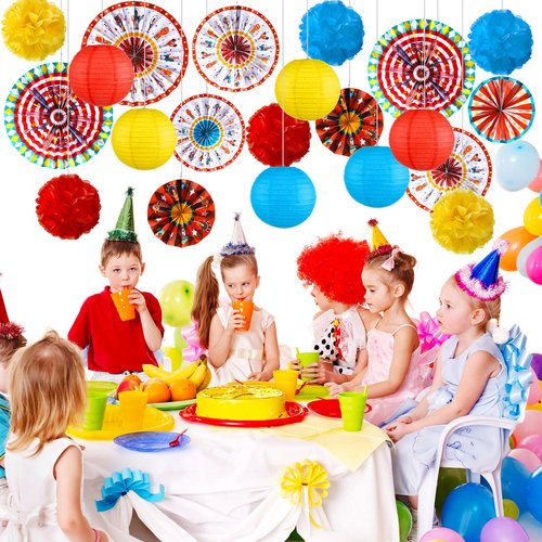 Outus 21 Pcs Carnival Party Decorations with Circus Hanging Paper Lanterns Fans Red Yellow Blue Paper Pom Poms Tissue Flowers for Carnival Circus Birthday Baby Shower Party Favors Supplies