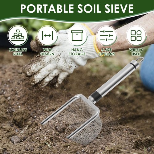 5Pcs Gardening Soil Sifter, Stainless Steel Garden Sand Soil Compost Sifter with Handle, 2/2.8/3.8/4.3/5mm Dirt Sifter, Mesh Soil Shovel for Gardening, Ideal fo Sand, Rocks, Dirt, Compost