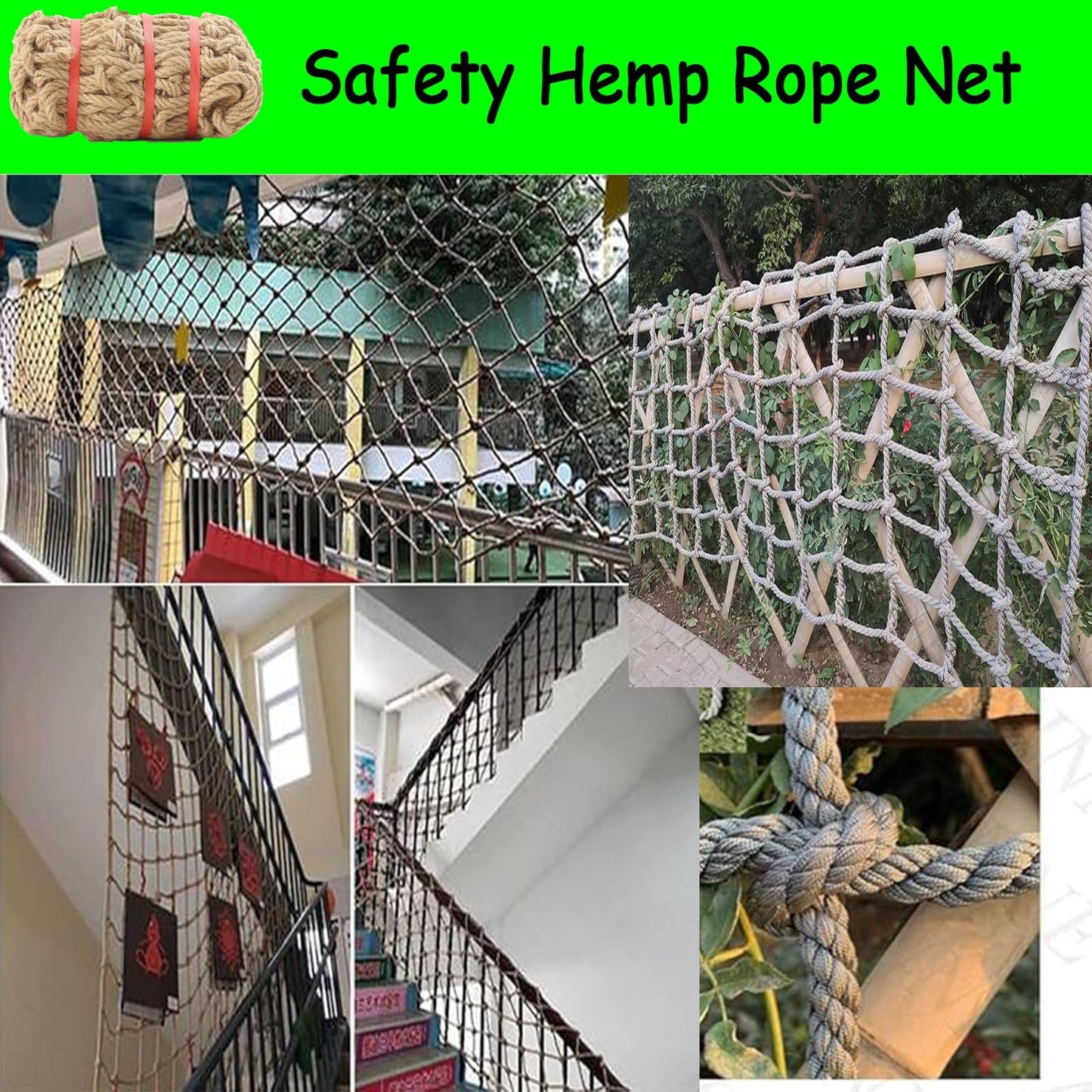 Heavy Duty Hemp Rope Cargo Net, Safety Anti-Fall Fence Net for Children Pet Cat, Tree House & Stair Balcony Protection - Outdoor Hammock & Playground Nets,3x3FT / 1x1(M)
