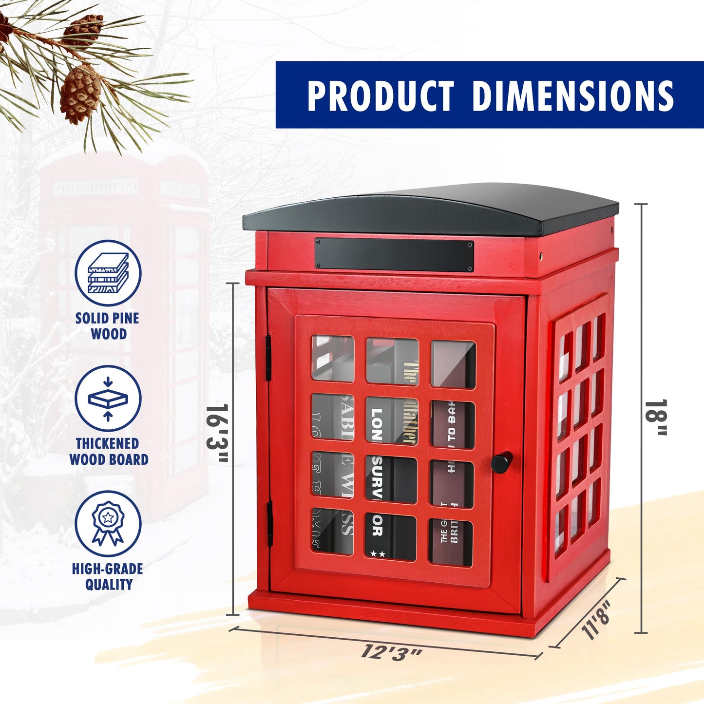 Outdoor Book Sharing Box, Waterproof Tin Roof Wooden Book Exchange Cabinet for Communities, Neighborhoods, and Schools, DIY Literature Storage for Books, Magazines, and Art (Red Telephone Booth)