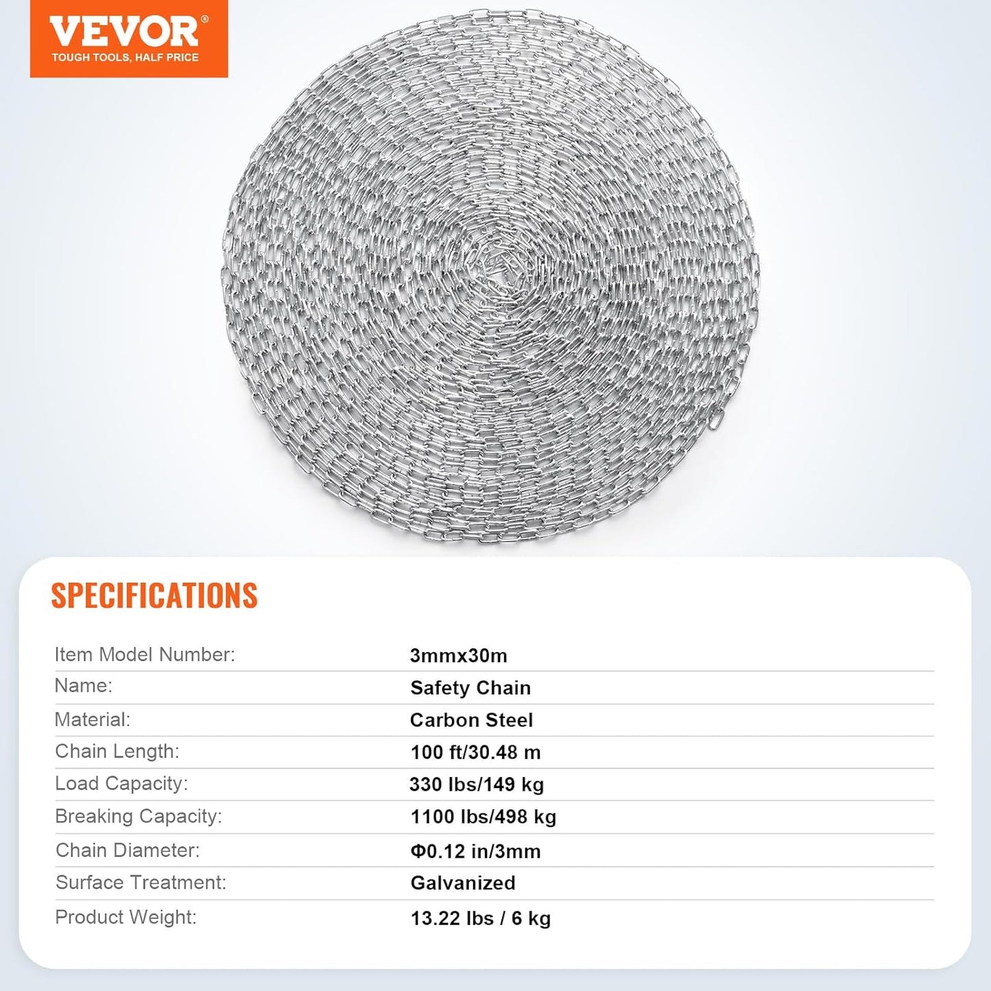 VEVOR Grade 30 Chain 3/16 Inch by 100Ft Length Grade 30 Proof Coil Chain Zinc Plated Grade 30 Chain for Towing Logging Agriculture and Guard Rails