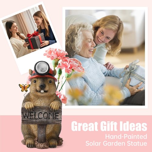 TOLIMI Groundhog Welcome Garden Statue with Solar Headlamp – Funny Animal Outdoor Yard Decor with LED Light and Butterfly – Waterproof Resin Garden Ornament for Patio, Lawn, Pathway