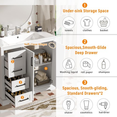 LUMISOL 36" Bathroom Vanity with Sink, Modern White Bathroom Vanity with Left Side 3 Drawers, Soft-Close Doors & Adjustable Shelf, Solid Wood Bathroom Cabinet with Ceramic Sink and Top, White