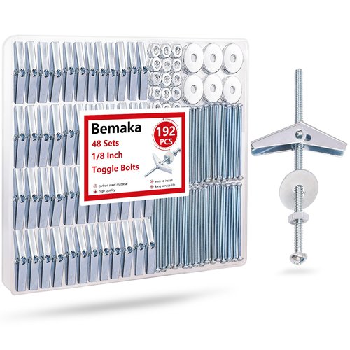 Bemaka 192Pcs 1/8 Inch Toggle Bolts, Heavy Duty Drywall Anchors and Screws Kit, Butterfly Anchors Toggle Bolts and Wing Nut Kit with Nuts Washers for Hollow Wall, Ceiling (48 Sets)