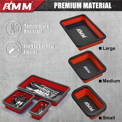AMM Foldable Magnetic Parts Tray Set, 3 Different Size Magnetic Tool Trays for Bolts Screws Nuts & Small Metal Parts, Mechanic Tool Present for Men，Red