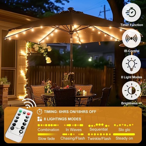 Patio Umbrella Lights Cordless 120 LED Table Umbrella Lights with Remote Control Battery Operated Waterproof Parasol String Lights for 7-11 Feet Outdoor Backyard Beach Umbrella Décor (Warm White)