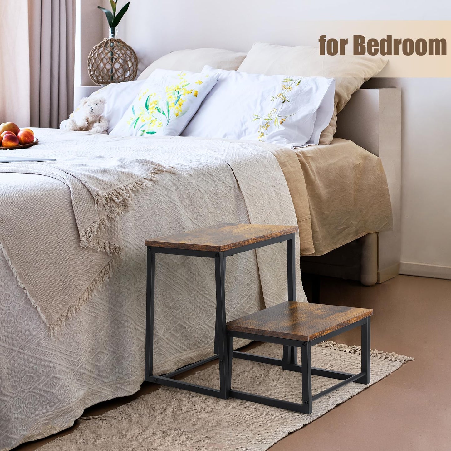 Vrisa Wood Step Stool for Adults Bedside Steps for High Beds Two Step Stools with 550Lbs Load Capacity Heavy Duty RV Stepping Stool for Kitchen Bedroom Living Room, Rustic Brown