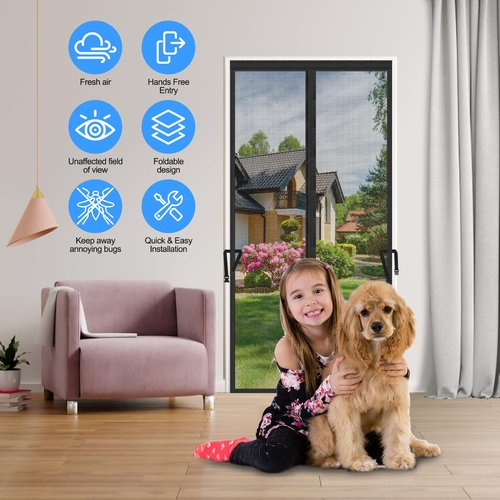TERRVINE Thickened Magnetic Screen Door, Upgraded Heavy Duty High‑Density Mesh, Full Strip Magnets Self Sealing, Tear Resistant, Easy Assemble, Keep Bugs Out (Black, Fits Door Size 36'' x 80'')