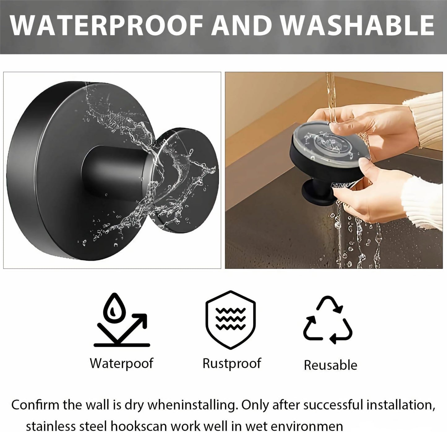 BRMUEIX 4 Pack Suction Cup Hooks for Shower,Glass Door Tile & Windows,Towel Hooks for Bathrooms,No Drill Stainless Steel Bathroom Hooks,Removable Suction Cup Wreath Hangers for Front Door(Black)