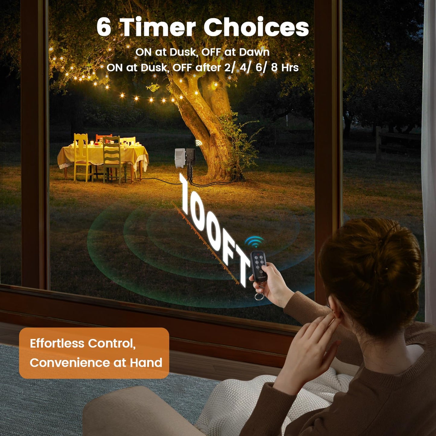 SURAIELEC Outdoor Power Stake Timer Waterproof, 100FT Wireless Remote Control, Photocell Dusk to Dawn Timer, 6 Grounded Plug Outlets, 6FT Extension Cord, for Halloween Decoration, Lights, Garden