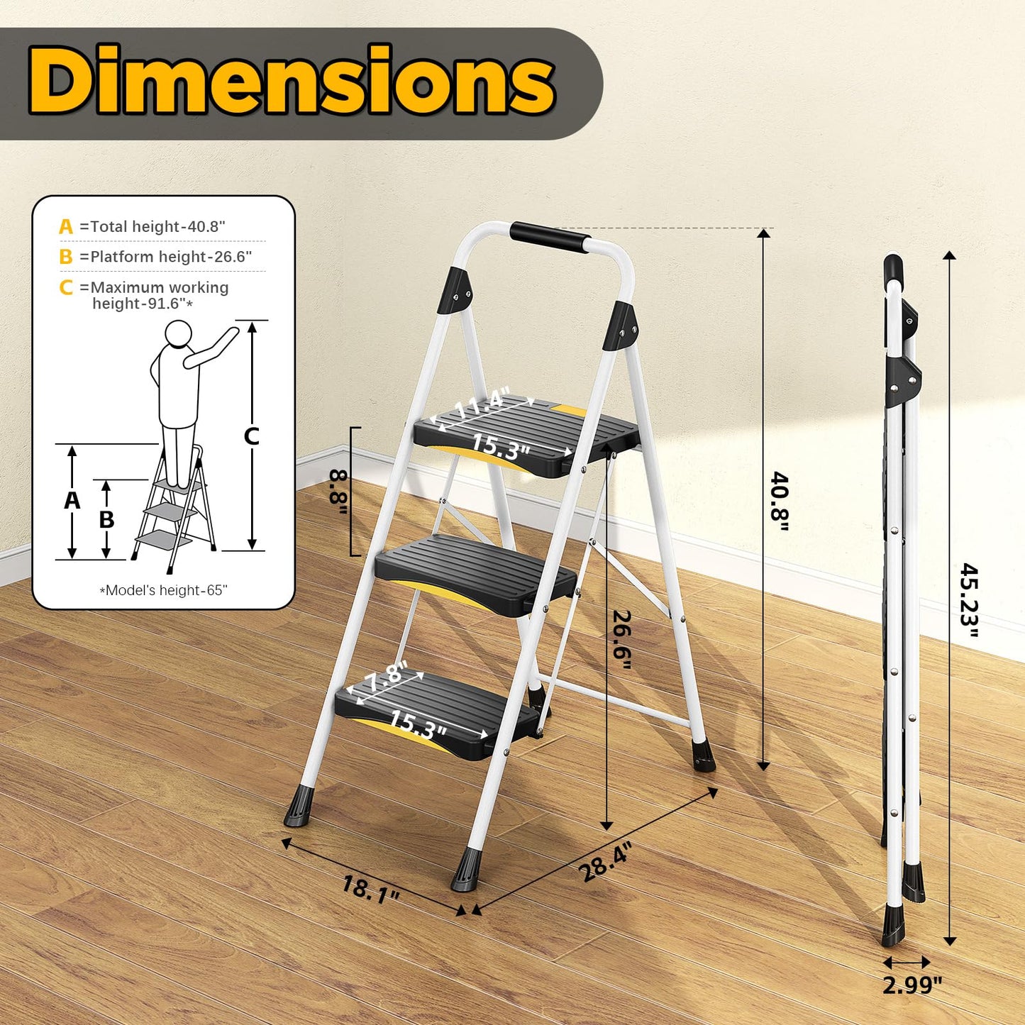 Urackify 3 Step Ladder, Folding Steel Step Stool with Safety Lock, Anti-Slip Wide Pedals, Pass 800lbs Load Testing, Handrail, Heavy Duty Portable Ladder for Multi-Purpose, Indoor, Office, Kitchen