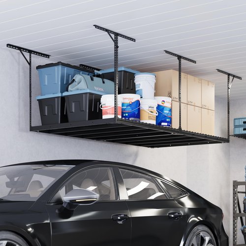 FLEXIMOUNTS Max 4x8 Overhead Garage Storage Rack, 1000 lbs Weight Capacity, Heavy-Duty Metal Ceiling Racks, Adjustable Organization System, Black