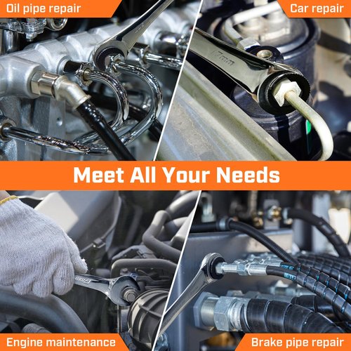 ironcube Brake Line Wrench Set: Metric 10-17mm - Ratcheting Open-end for Nuts on Fuel, Brake or Air Conditioning Lines