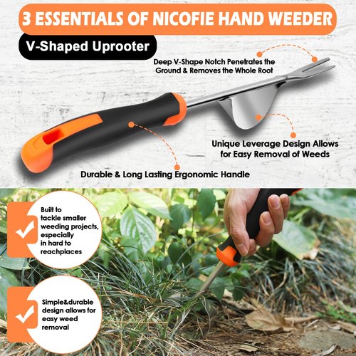 Nicofie 2025 Hand Weeder Tool, Rubber Handle Manual Weeder Puller Tool, Uprooting Weeding Tools, Crack Weeder Crevice, 4 Teeth Weeding Tool, Weeding Artifact Tool for Gardening(3 Pcs)